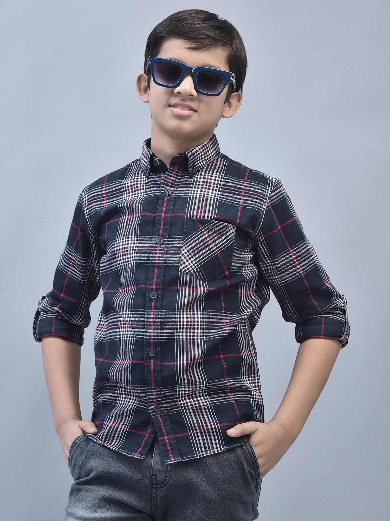 Crimsoune Club Boys Navy Checks Full Sleeves Shirt