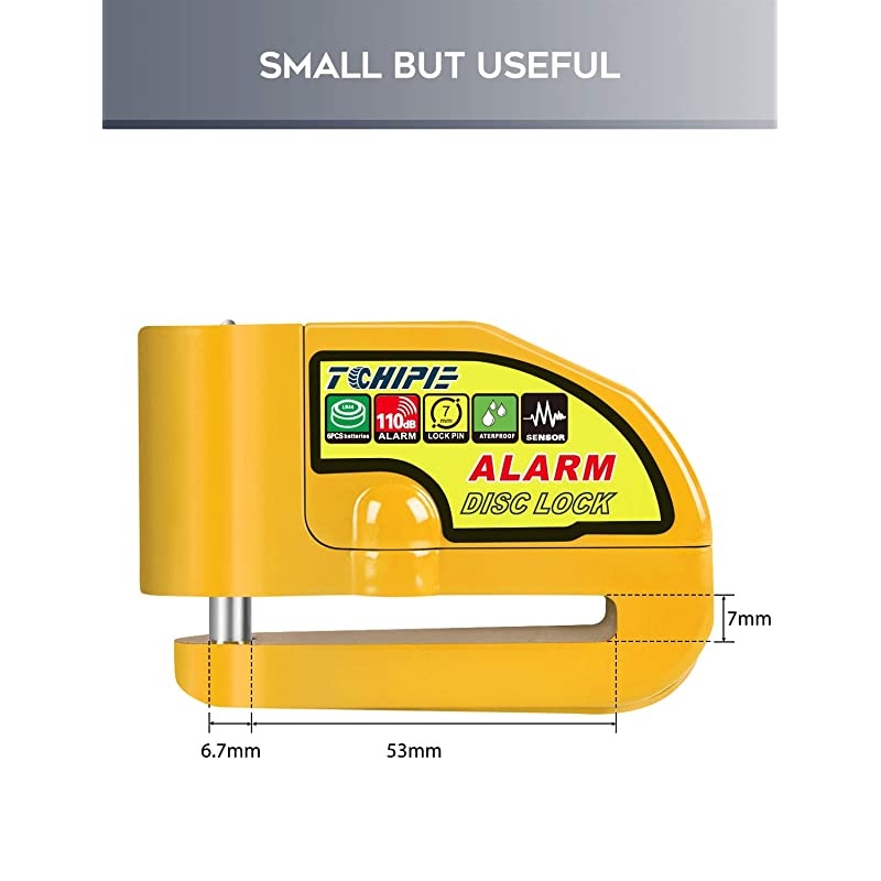 Motorcycle Alarm Disc Brake Lock Anti Theft Motorbike Security Wheel Disk Lock for 7mm Brake Rotor with 110db Alarm Sound with 15m5ft Reminder Cable for Harley Davidson etc Yellow