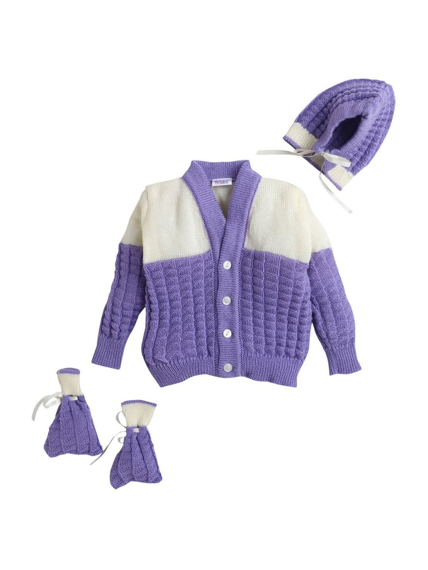 Little Angels Kids Purple & Cream Textured Pattern Full Sleeves Sweater Set