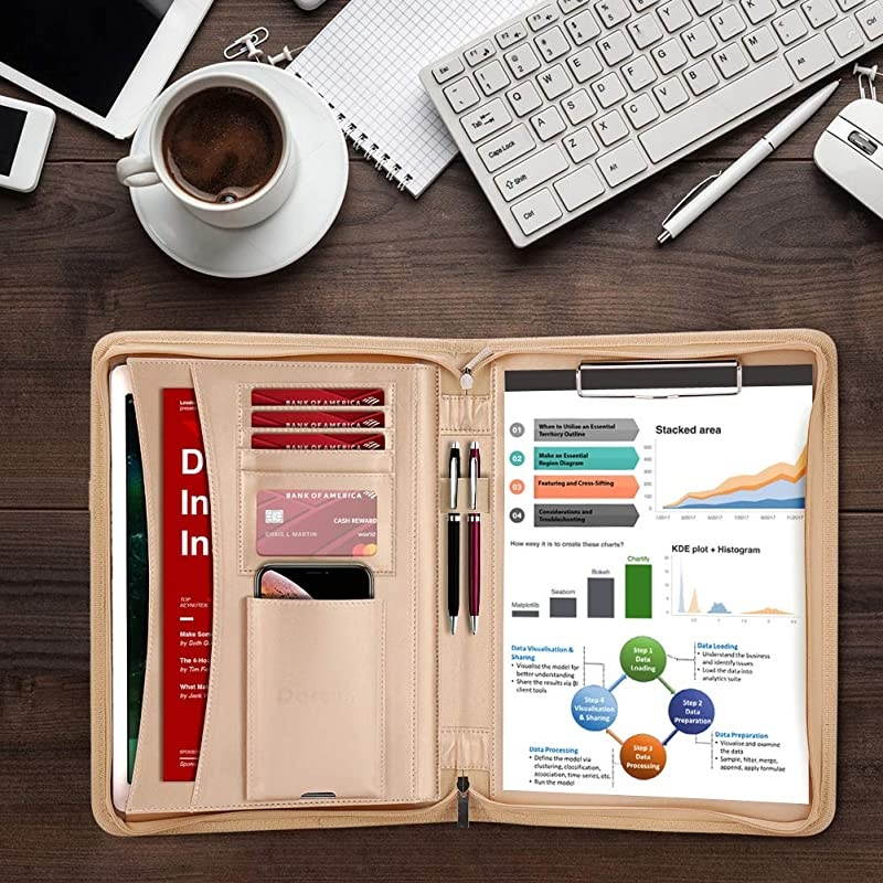 Zippered Leather Padfolio Portfolio with Hidden Handle and Clipboard Business Conference Portfolio Organizer Notepad Folder Portfolio Bag Portfolio Padfolio for WomenMen Gold