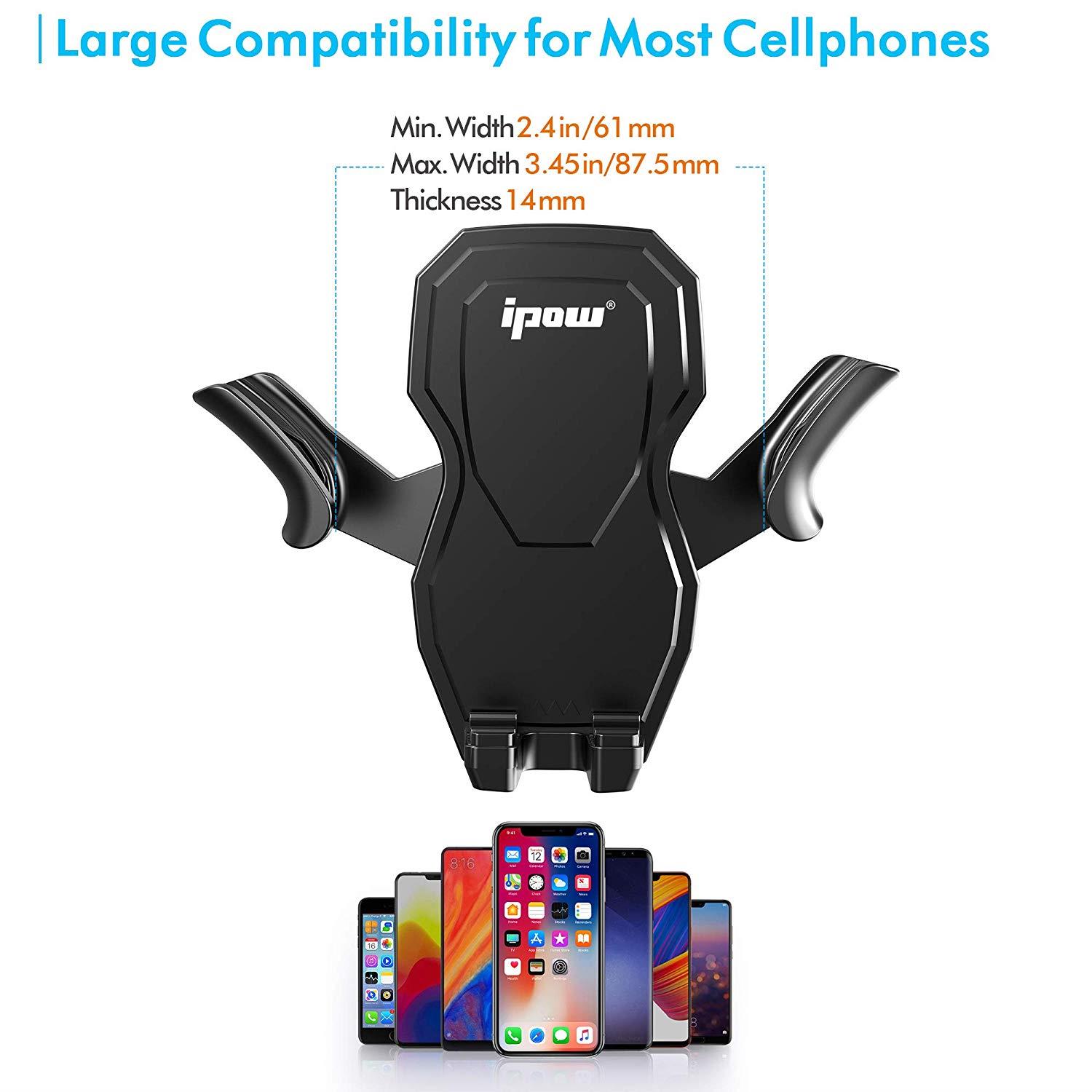 IPOW Car Phone Mount Holder Hands Free Car Phone Holder Dashboard Gravity Cell Phone Holder Mount with Auto Retractable Clamp Maximum Angle Adjustment for iPhone XR/XS Max/X/8/7 Galaxy S10/S9/Note 9