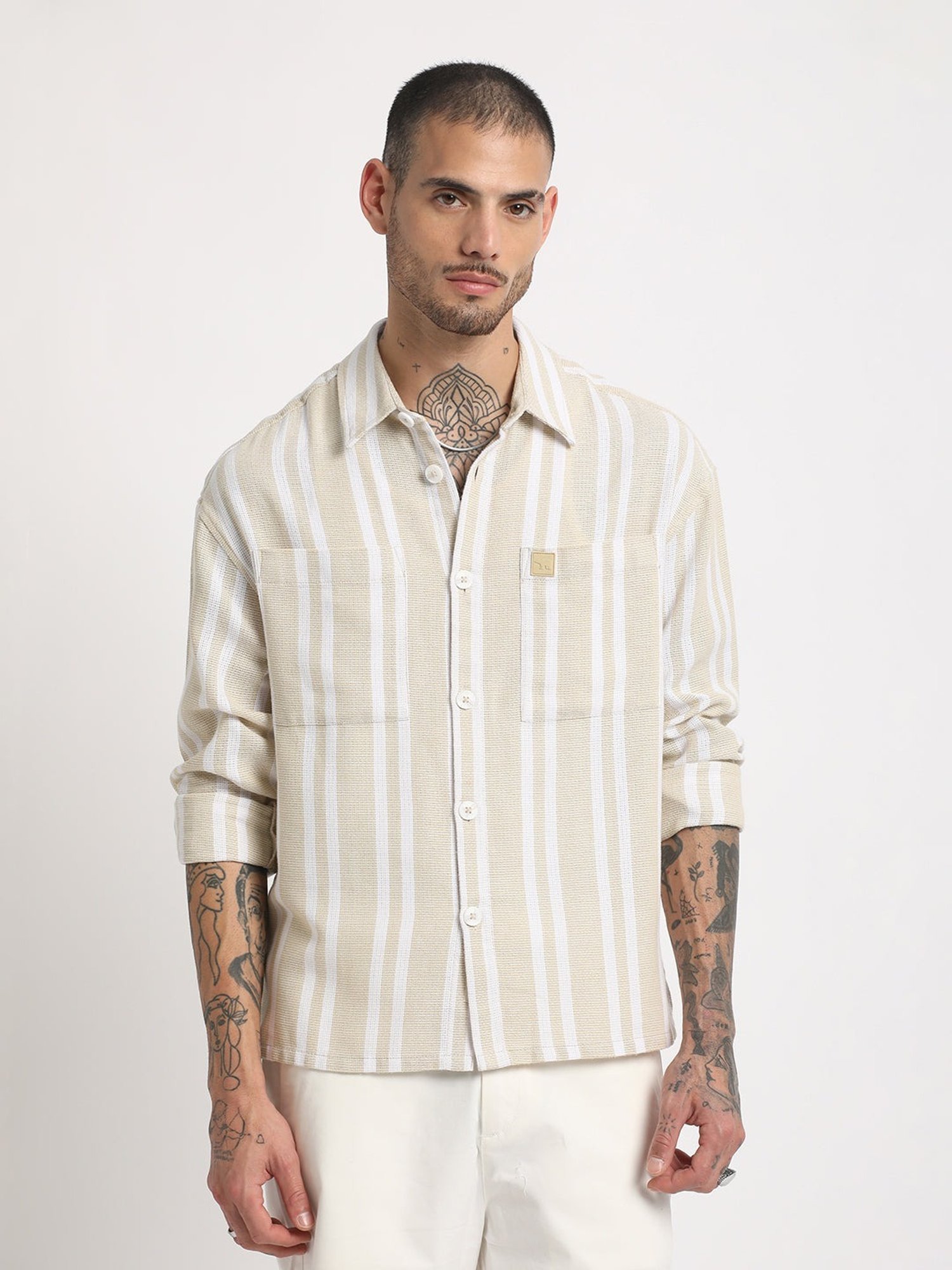 The Bear House Beige Regular Fit Striped Shirt