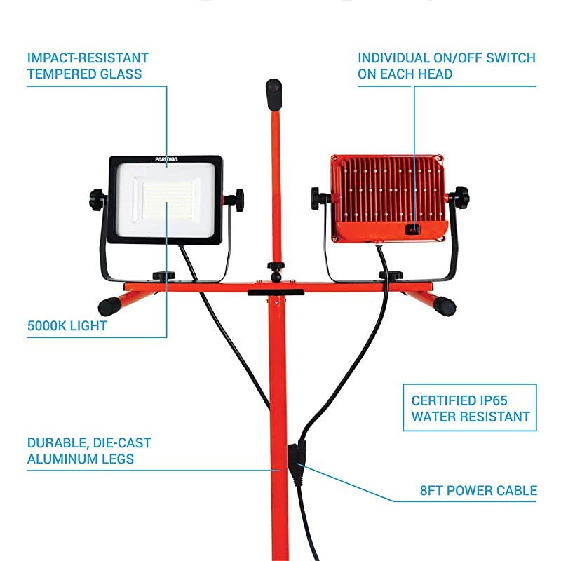 LED DualHead Work Light with 6ft Adjustable Tripod Stand 10000 Lumen 100W Durable Aluminum Body IP65 Waterproof Foldable Stand MultiDirectional amp Detachable Heads ETLListed