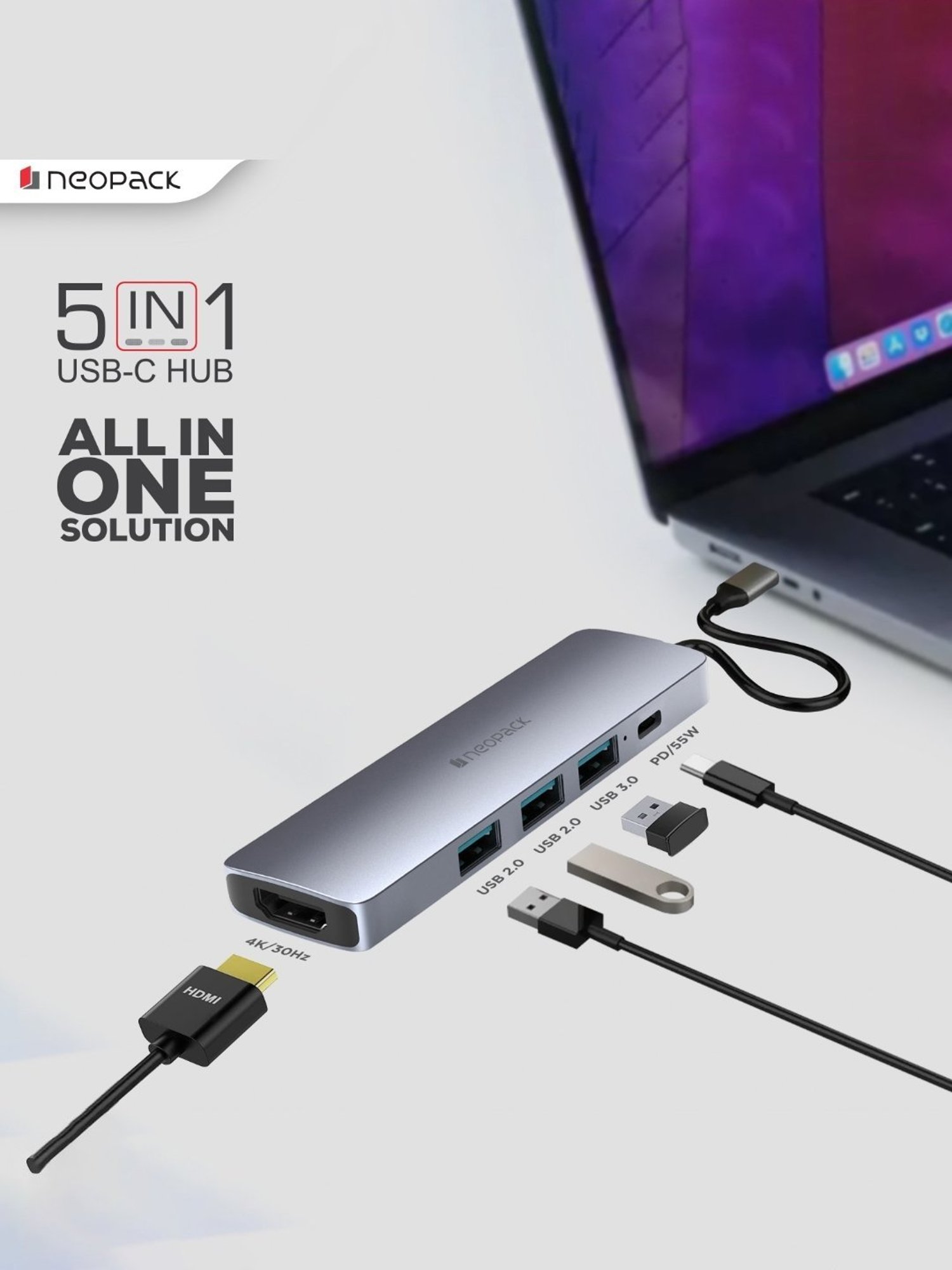 Neopack 5 in 1 USB C Hub Multiport Adapter with HDMI 4K 30Hz, USB 3.0 5Gbps Data Ports (Silver)