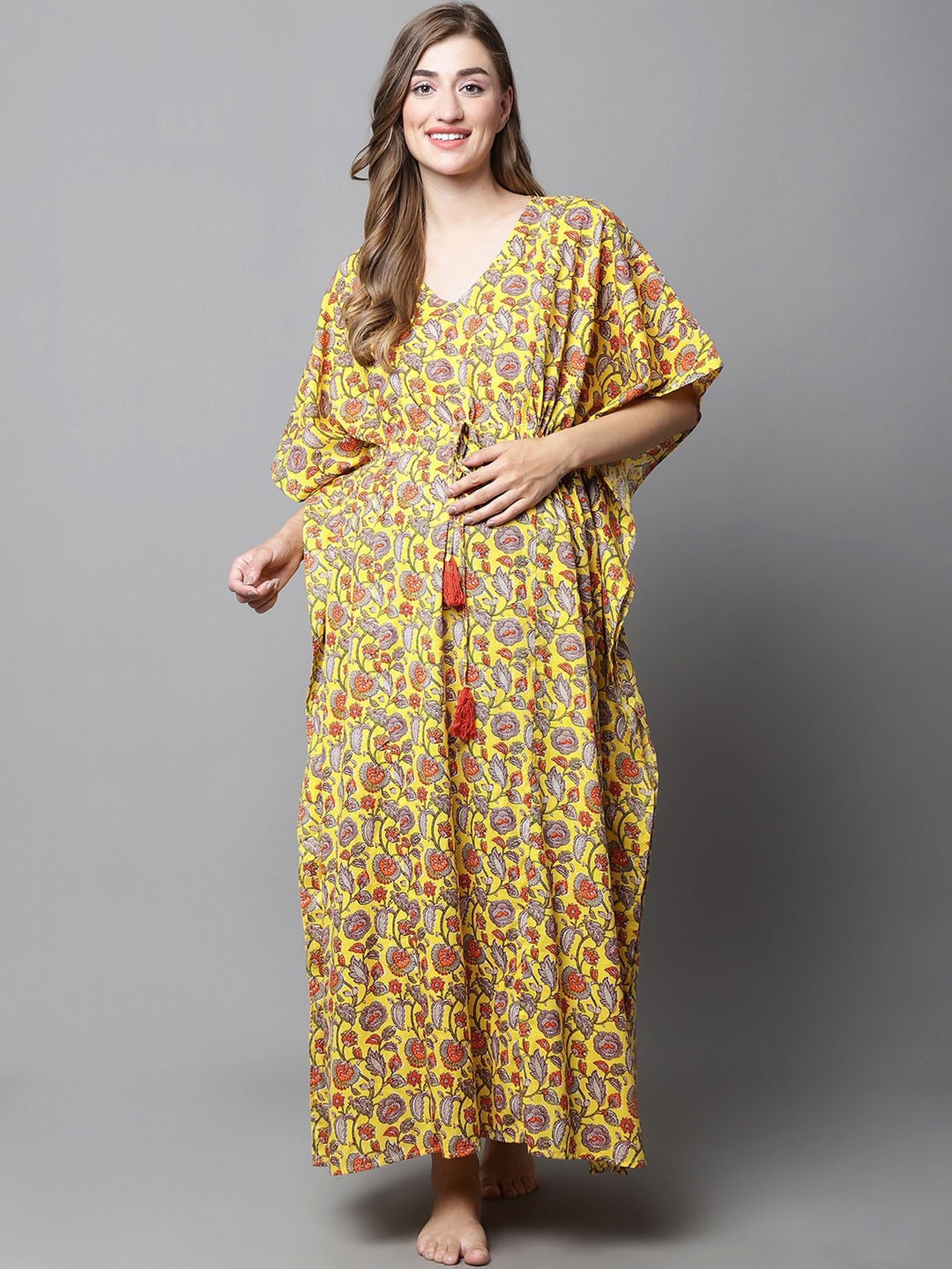 Secret Wish Yellow Floral Print Maternity Kaftan