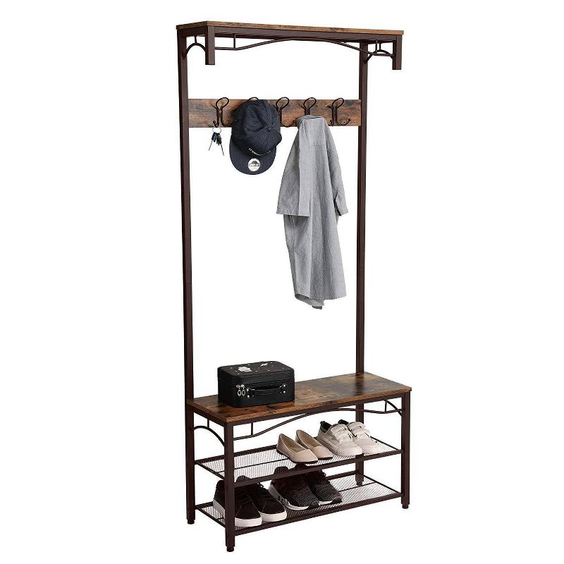 Metal Framed Coat Rack with Wooden Bench and Two Mesh Shelves Brown and Black - Benzara