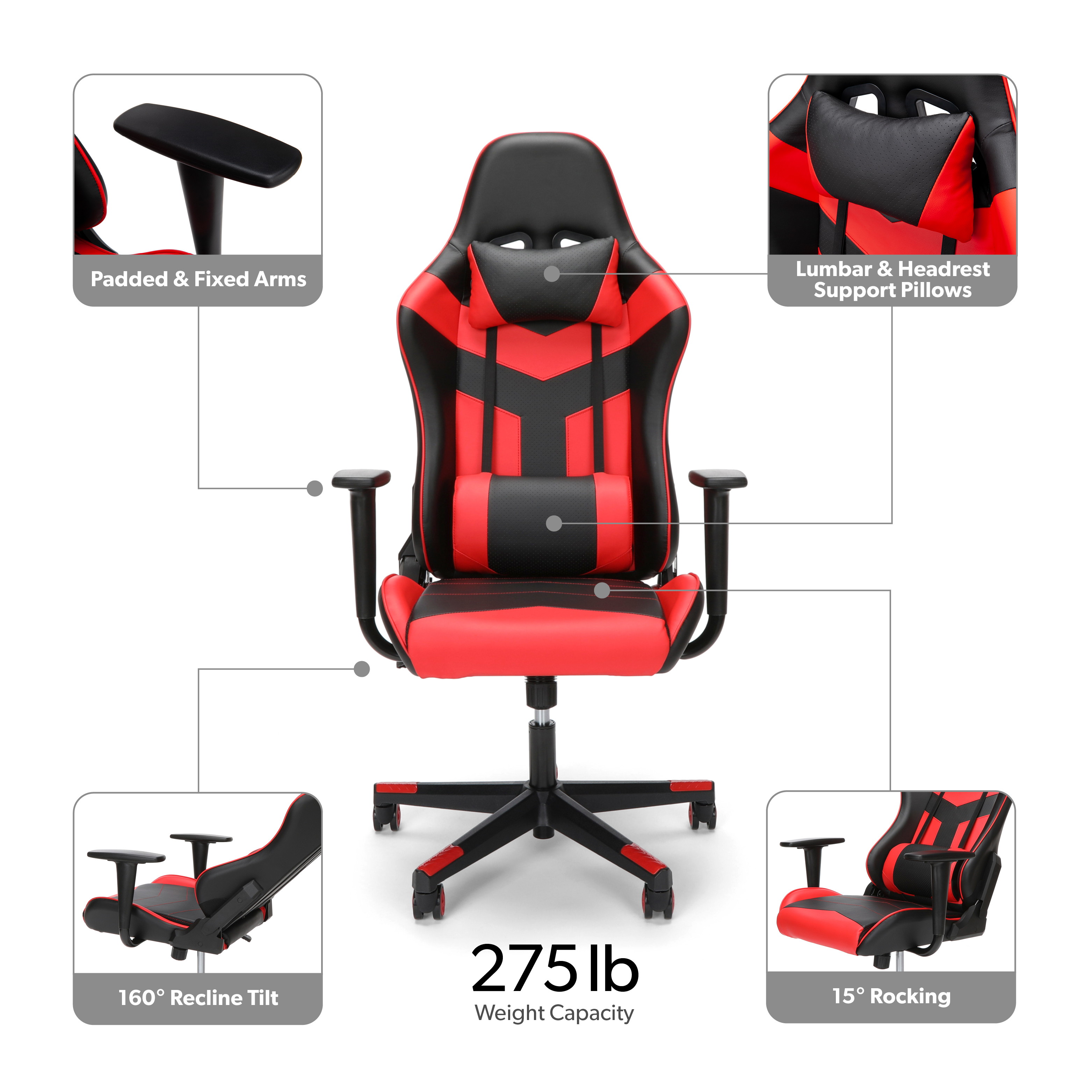 Essentials Collection High Back PU Leather Gaming Chair, in Red (ESS-6075-RED)