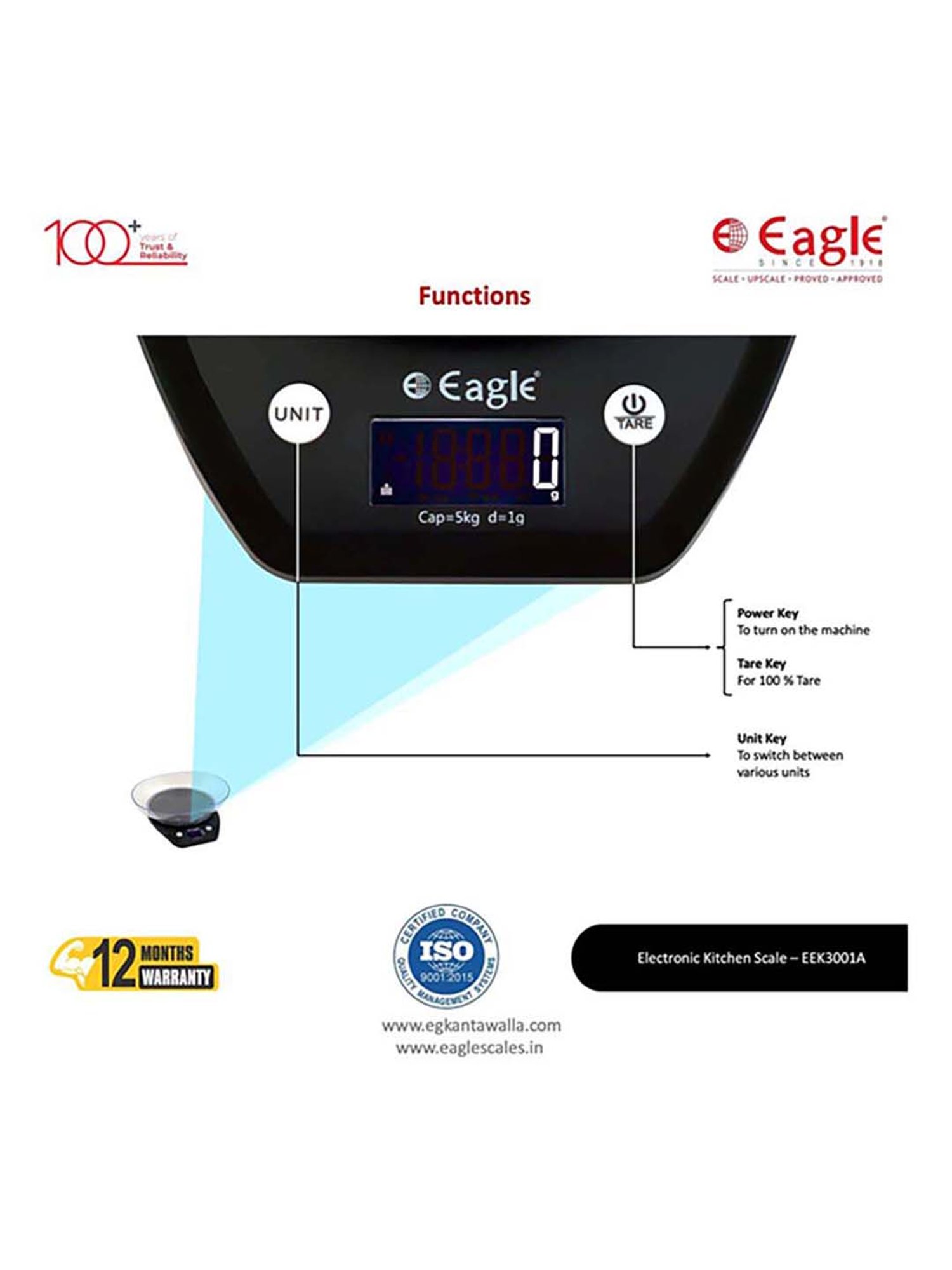 Eagle EEK-3001A Digital Weight Machine for Kitchen 5 kg Capacity,1 g Accuracy,Kitchen Weighing Scale