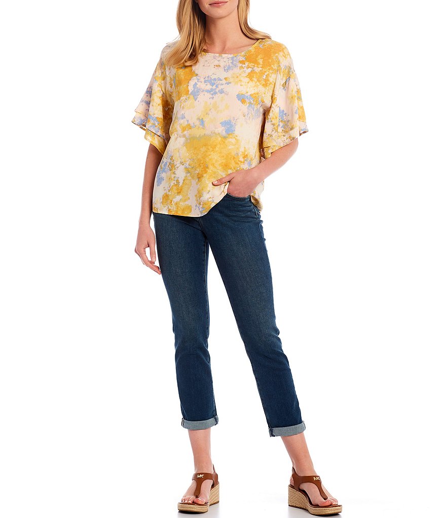 Bobeau Yellow Tie Dye Jewel Neck Double Ruffle Sleeve Top
