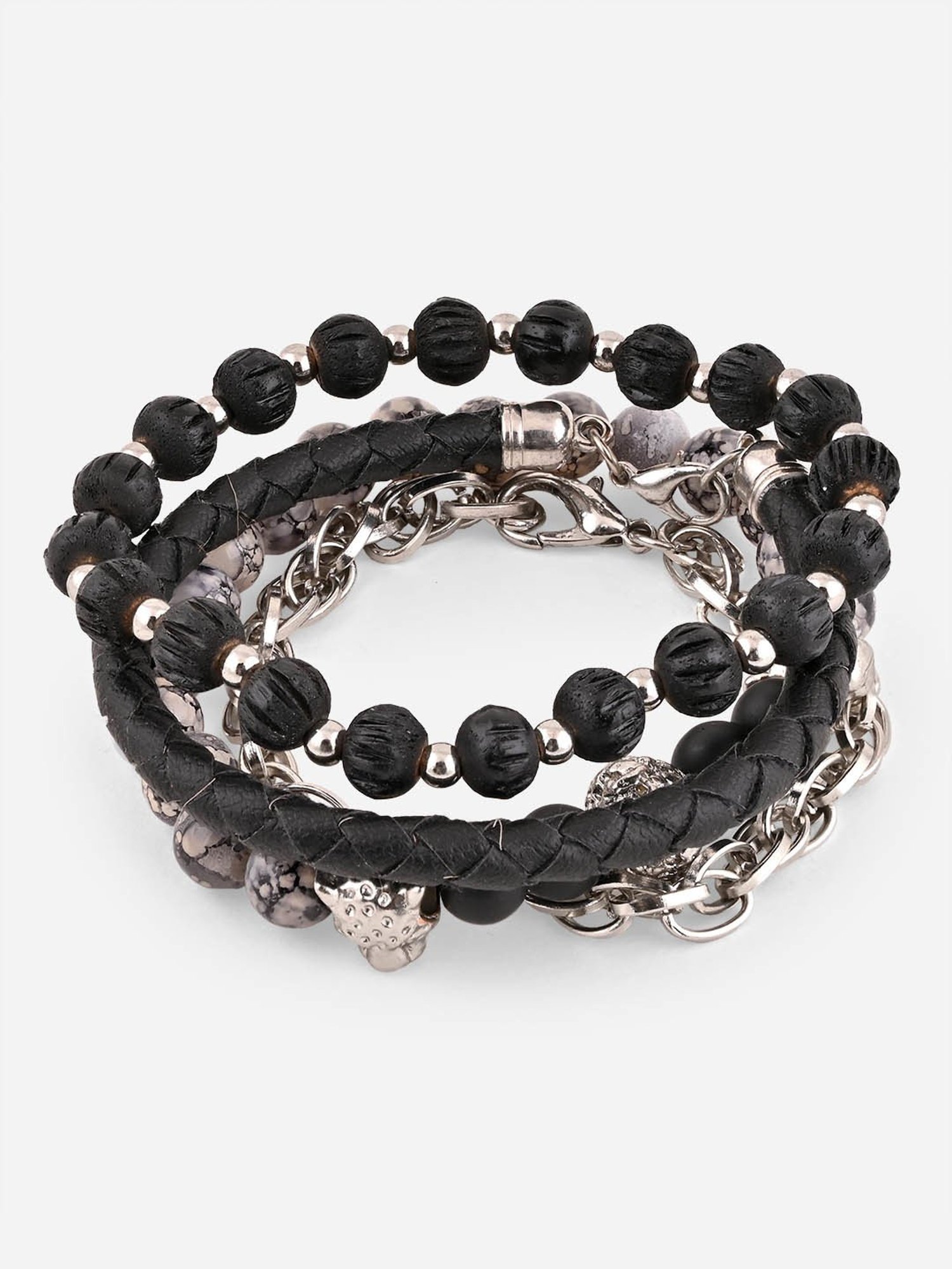The Bro Code Silver Set of 4 Black Bold Skull Bracelet for Men