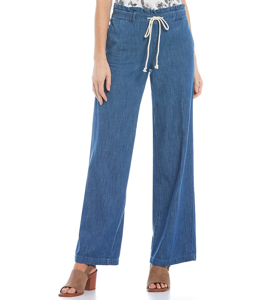 NYDJ Chambray Ruffle Drawstring Waist Wide Leg Pants