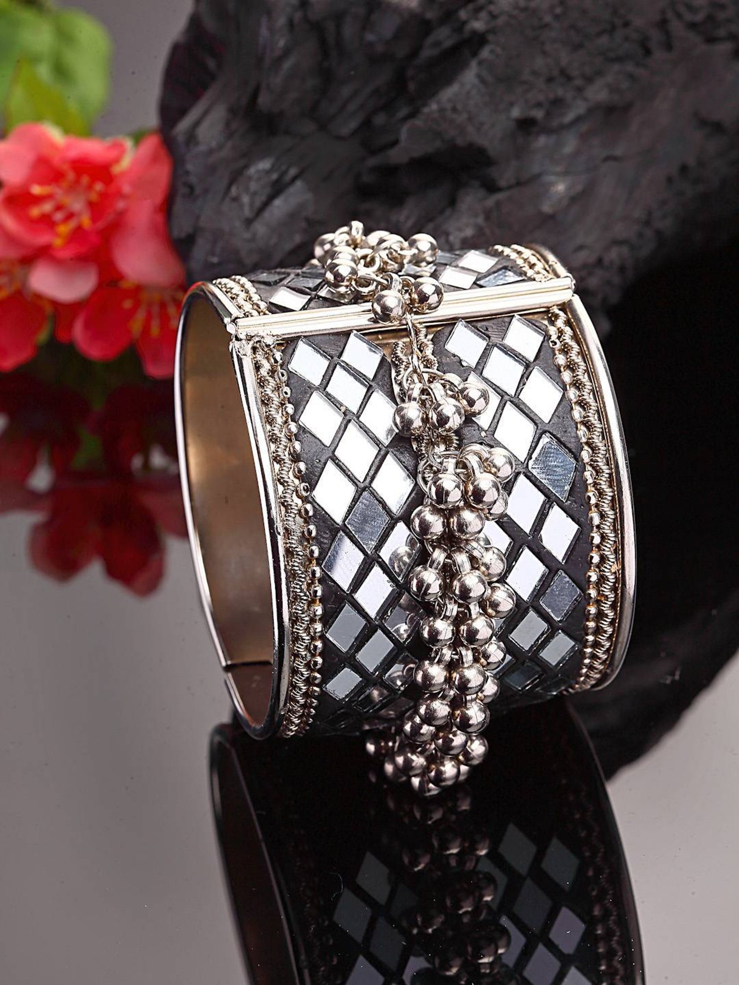 Moedbuille Mirrors & Ghungroo Studded Afghan Design Oxidised Silver Plated Handcrafted Bracelet