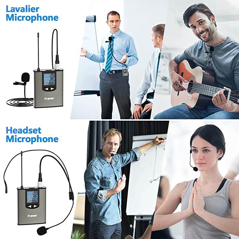 Wireless Microphone System Headset/Lavalier Lapel Mic 164ft Range with Rechargeable Bodypack Transmitter & Receiver 1/4" Output for Live Performances, Support Phone