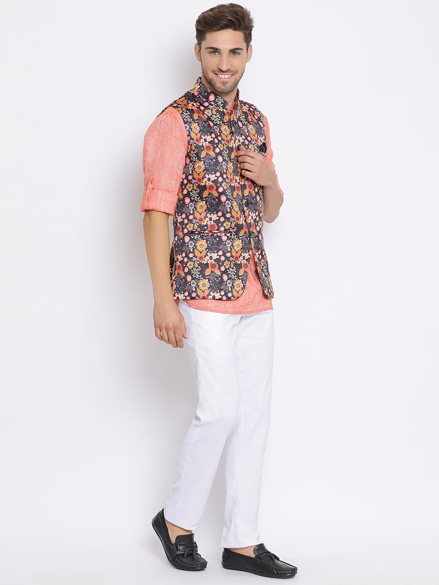 Hangup Plus Orange & White Regular Fit Short Kurta & Trousers Set With Nehru Jacket