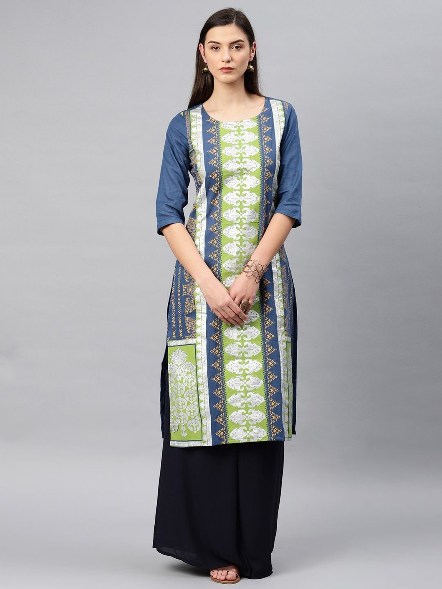 Alena Blue Cotton Printed Straight Kurta