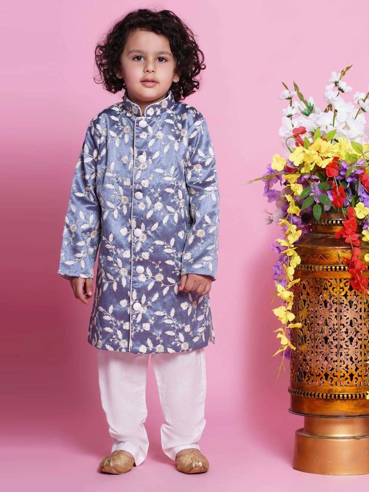 Little Bansi Boys Grey & White Embroidery Full Sleeves Kurta Set