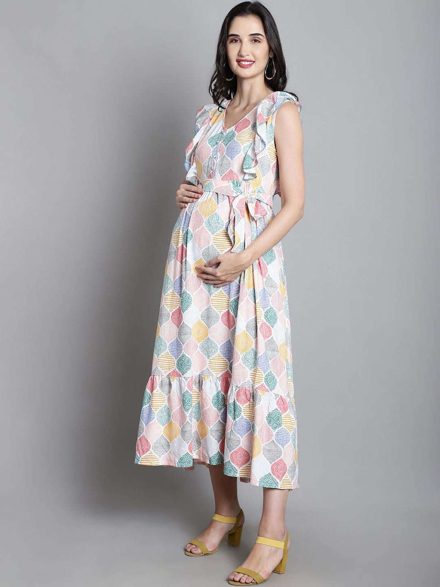 Moms Maternity White Printed Maternity Dress