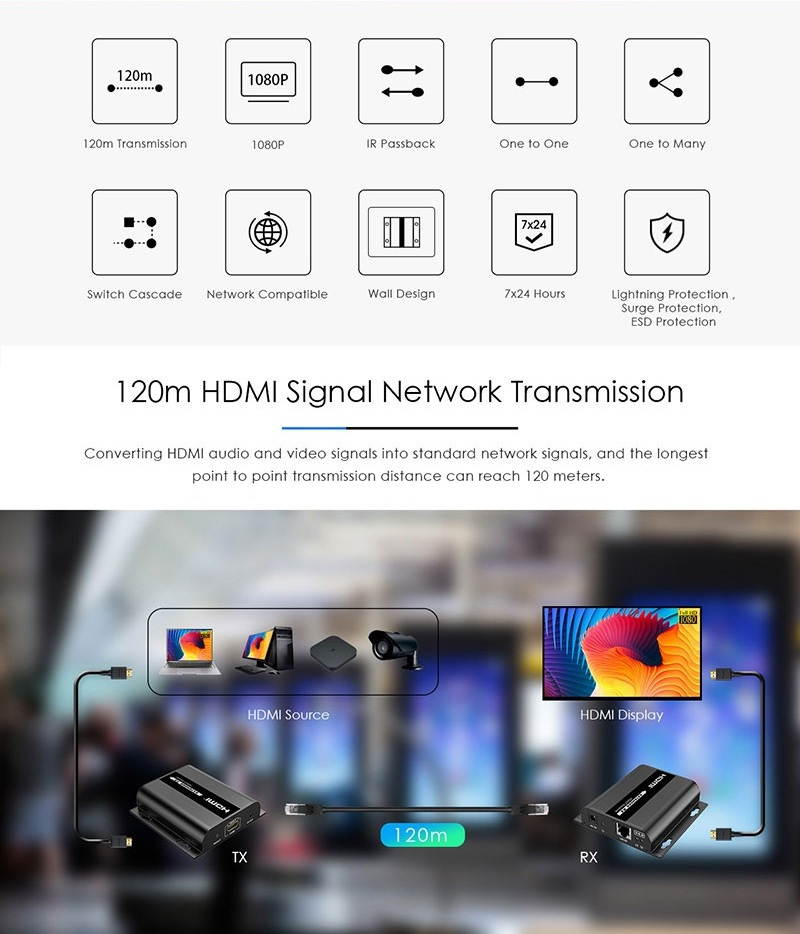 LENKENG LKV383 V4.0 1080P@60Hz  HDBitT HDMI Network Extender 1 Receiver and 1 Transmitter Over IP RJ Cat5/5e/6/7 Cable, Transmission up to 395Ft with IR Control