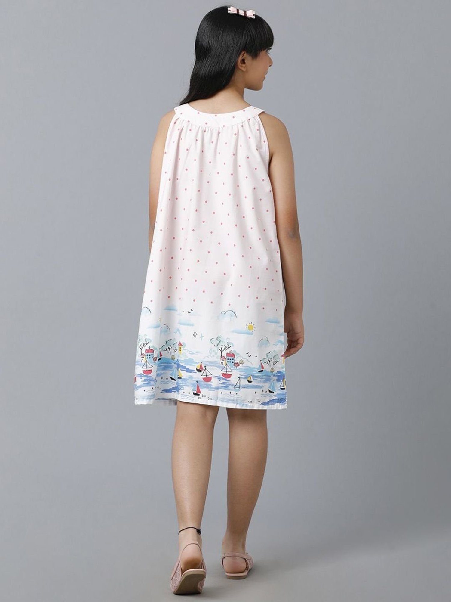 Under Fourteen Only Kids White & Blue Cotton Printed Dress