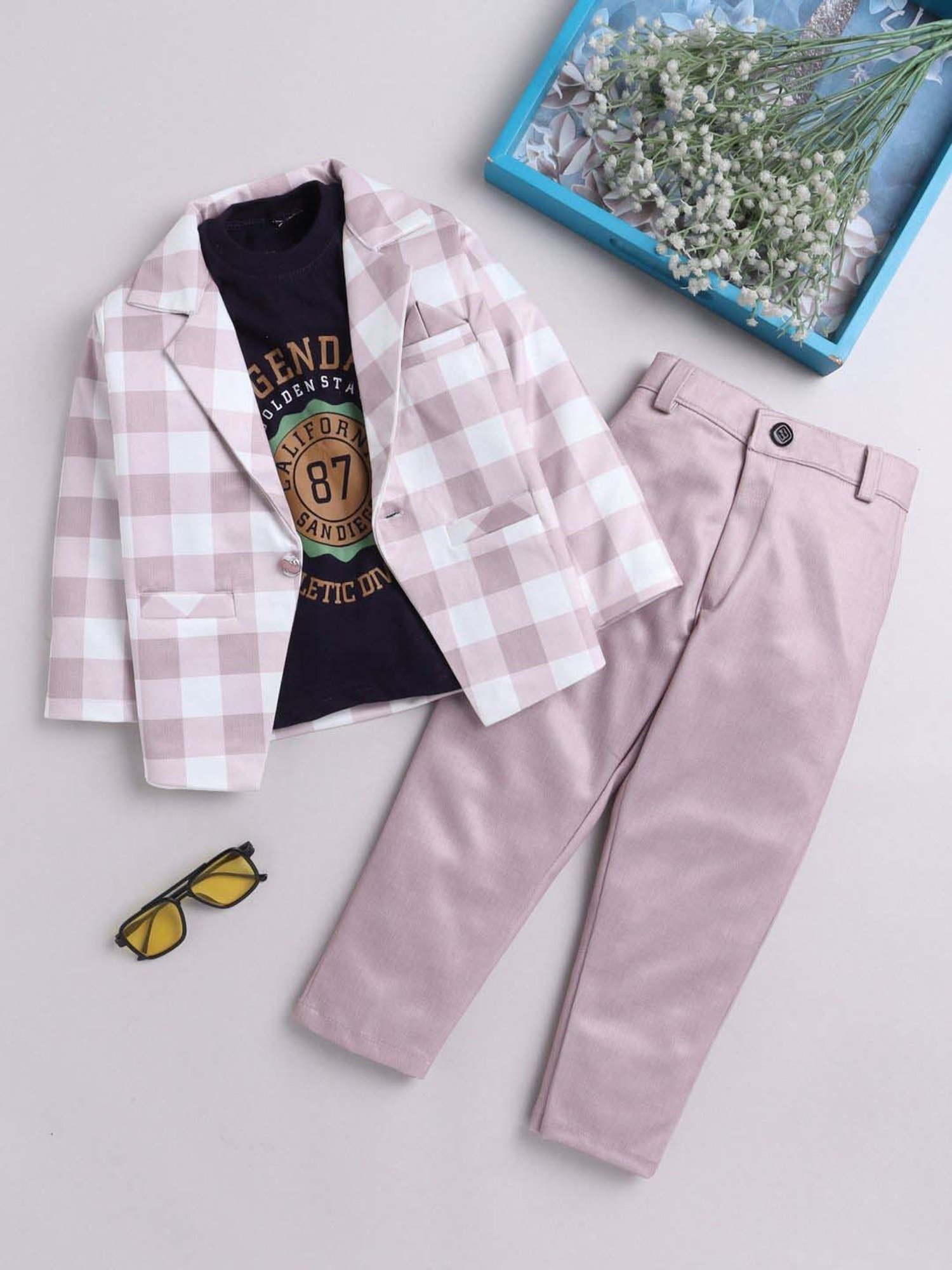 Fourfolds Boys Pink Checks Full Sleeves Clothing Set