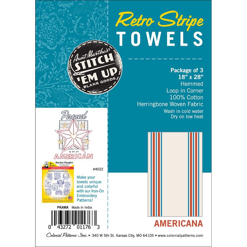 Aunt Martha's Stitch 'Em Up Retro Stripe Towels 18"X28" 3/Pk-Americana Stripe
