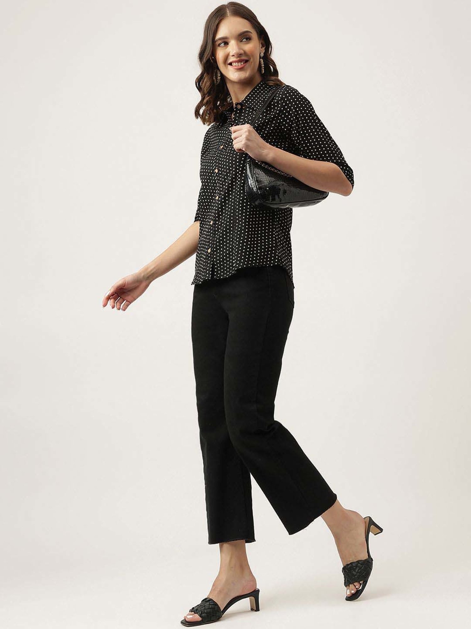 Divena Black Cotton Polka Dots Top