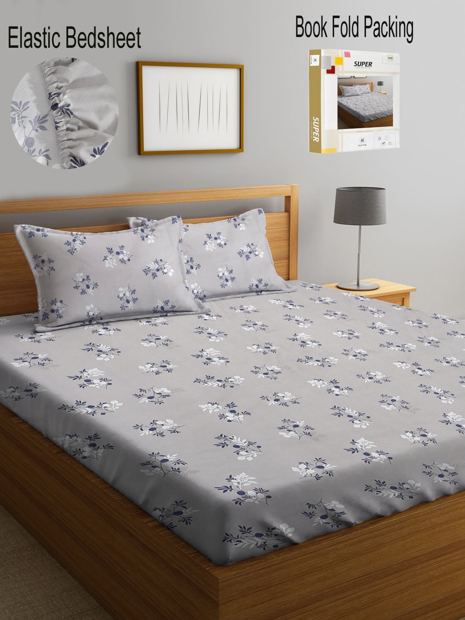 Klotthe Printed Grey 300 TC Cotton Blend Double Bed Sheet with 2 Pillow Covers