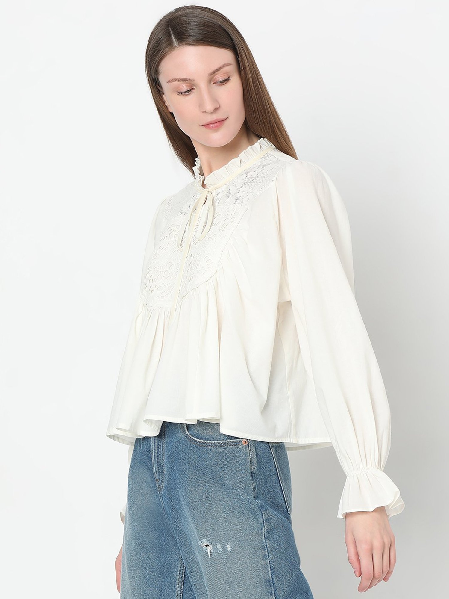 Vero Moda Off White Cotton Self Design Top