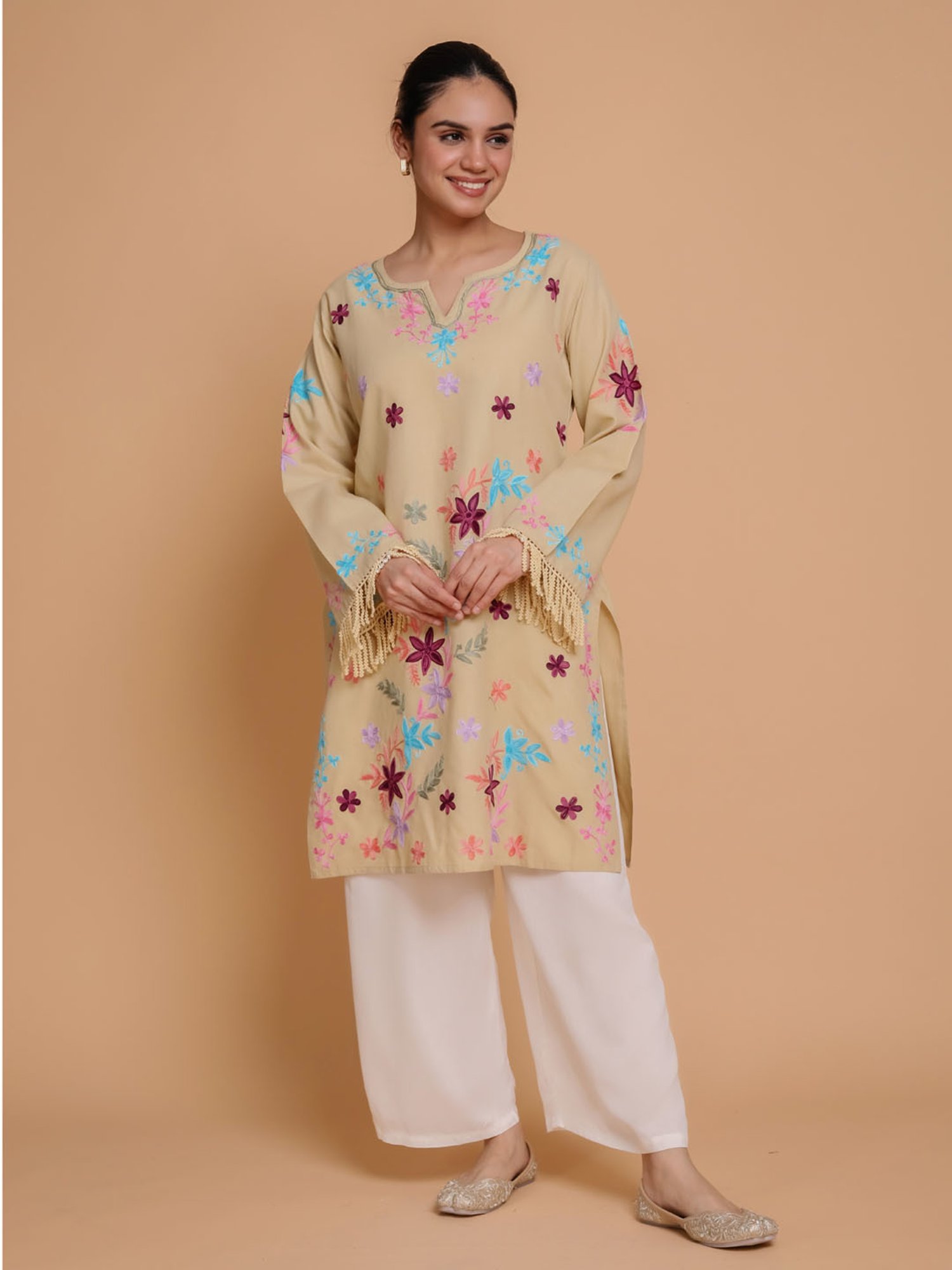 House of Kari Falak Kashmiri Long Kurta  Beige