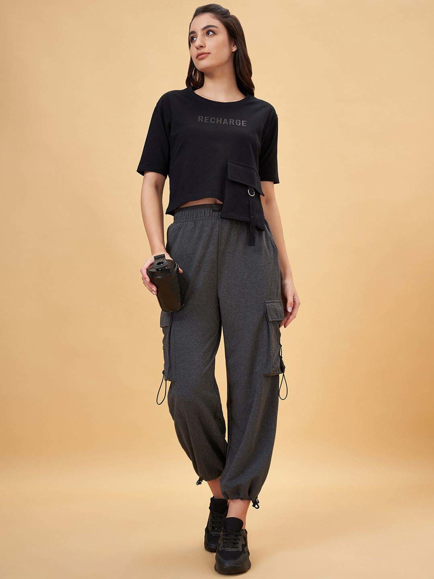 Ajile by Pantaloons Jet Black Cotton Printed T-Shirt