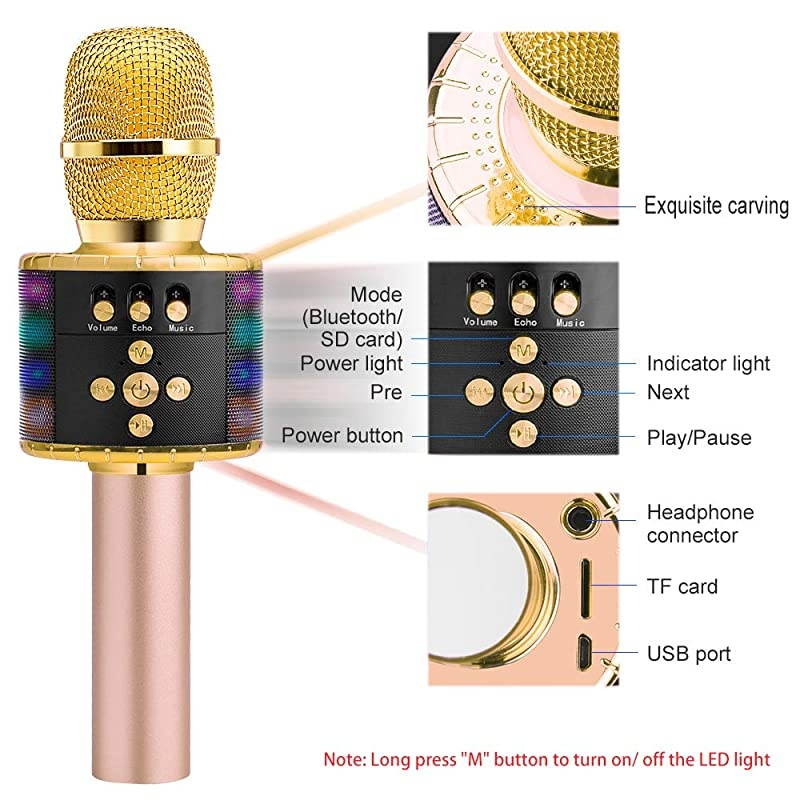 Bluetooth Wireless Microphone with Controllable LED Lights Portable Handheld Karaoke Speaker Machine Birthday Home Party for AndroidiPhonePC or All Smartphone
