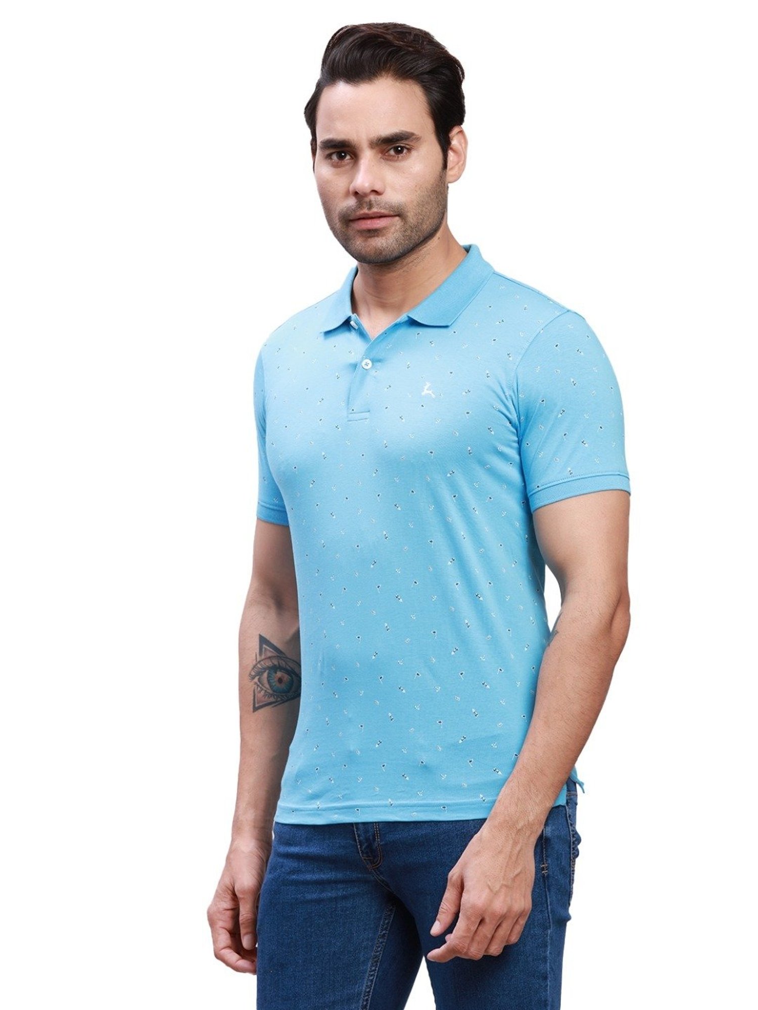 Parx Light Blue Cotton Regular Fit Printed Polo T-Shirt