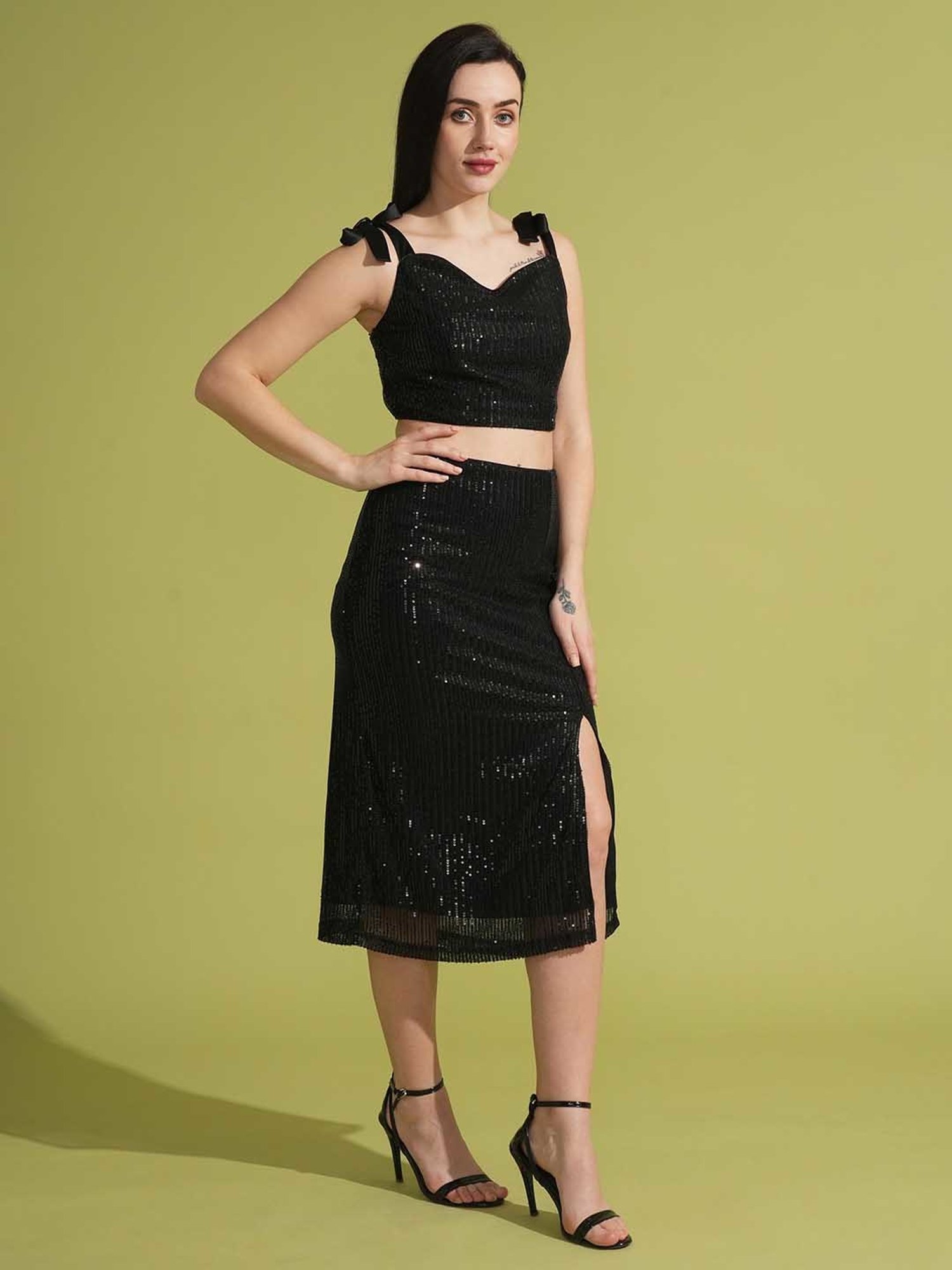 Globus Black Embellished Crop Top With Skirt