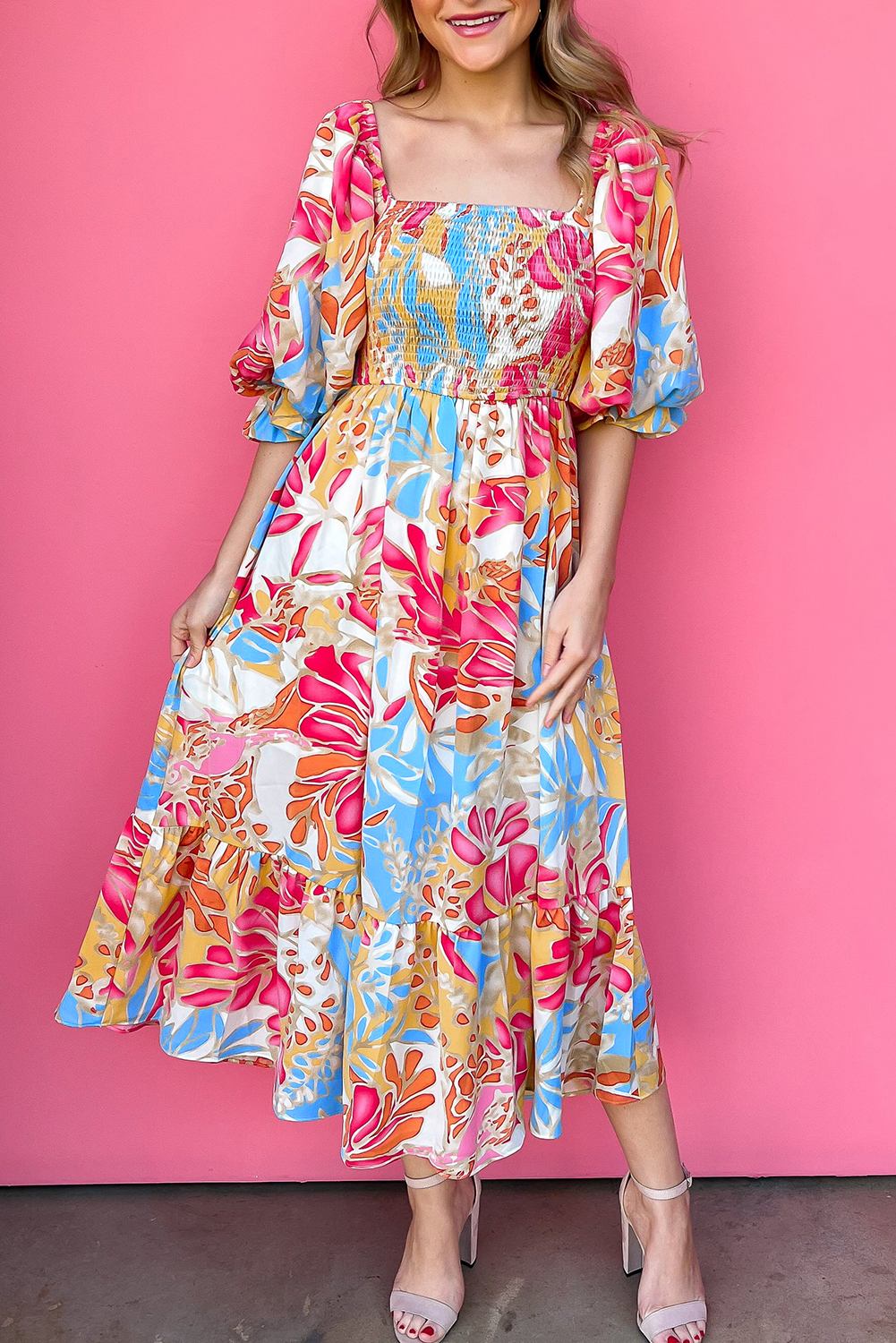 Multicolor Boho Floral Collared Long Sleeve Dress