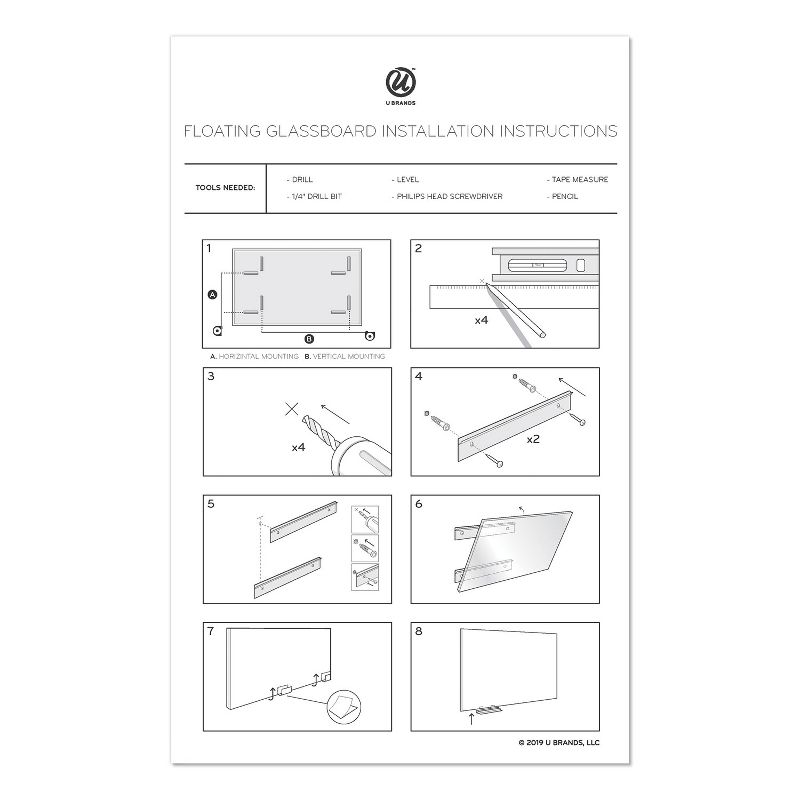 U Brands Floating Glass Ghost Grid Dry Erase Board 47x35 White Frosted Frameless 2799U00-01