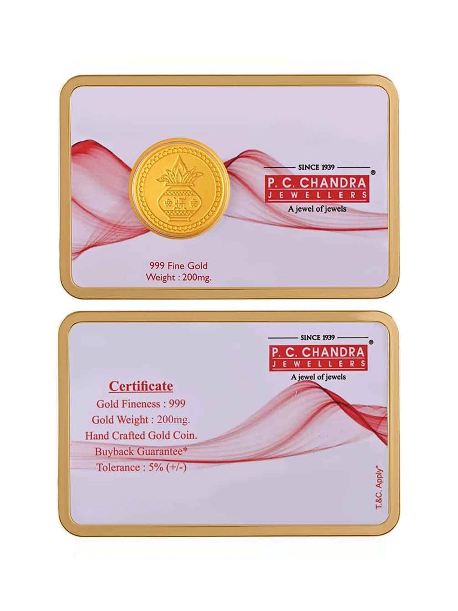 P.C. Chandra Jewellers Pooja Kalash-Inscribed 24k (999) 0.05gm Yellow Gold Foil Coin