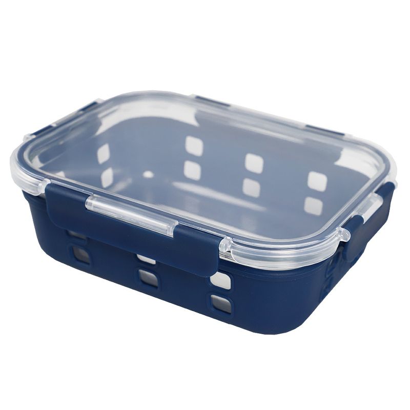 Michael Graves Design Rectangle X-Large 51 Ounce High Borosilicate Glass Food Storage Container with Plastic Lid, Indigo