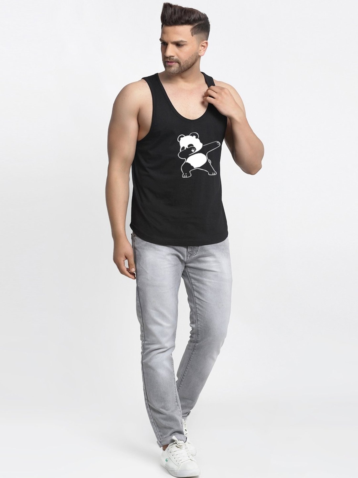 Friskers Black Cotton Slim Fit Printed Gym Vest