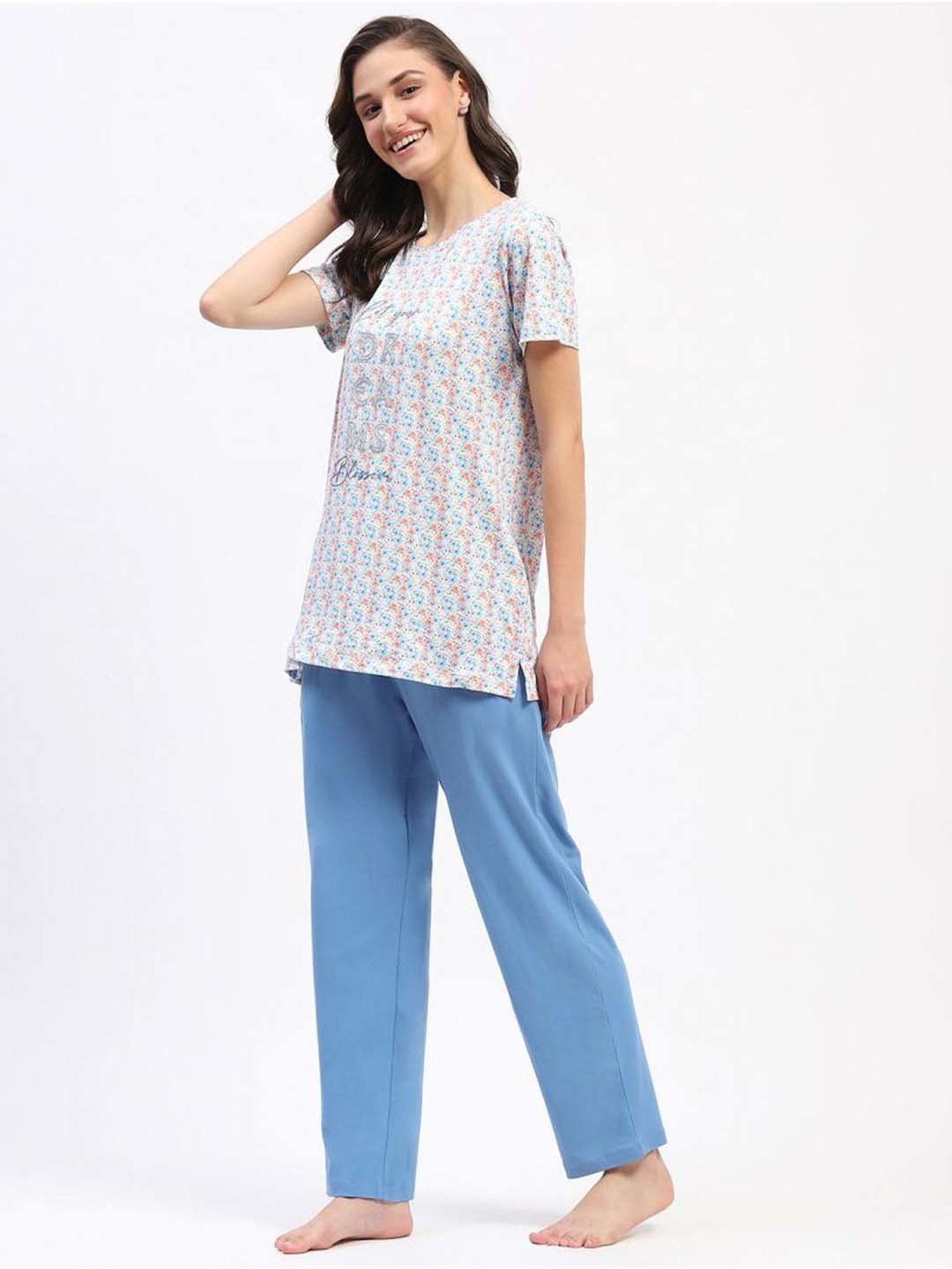 MADAME M Secret Blue Printed T-Shirt Pyjamas Set