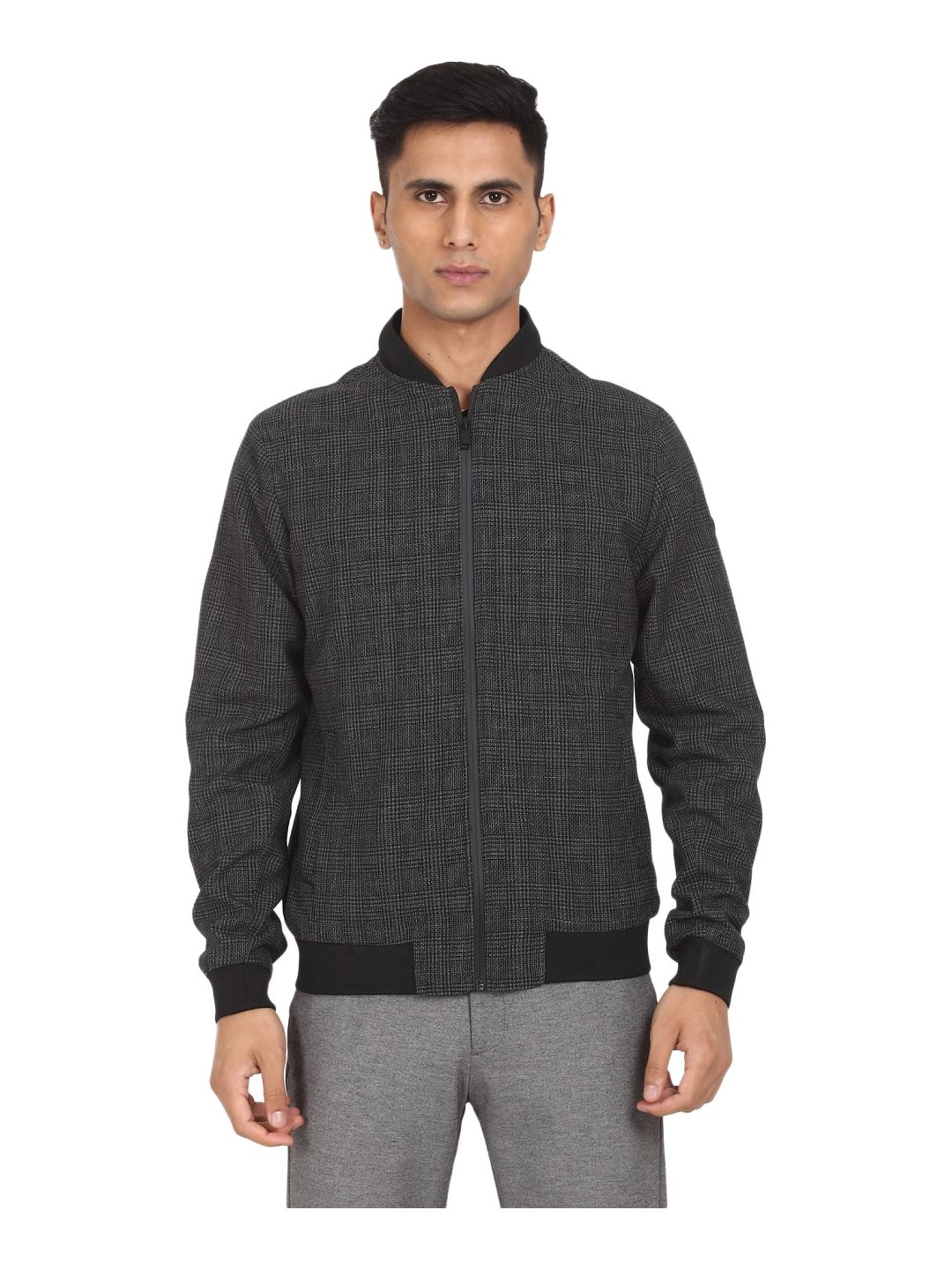 Men Grey Stand Collar Check Jacket