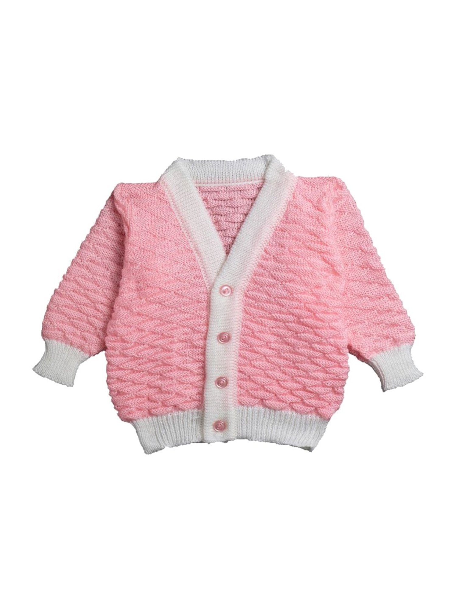 Little Angels Kids Pink & White Textured Pattern Full Sleeves Sweater Set