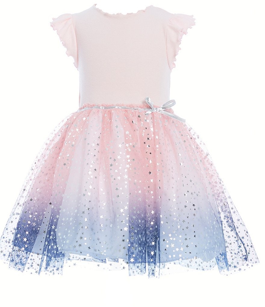 Pippa & Julie Little Girls 2T-6X Flutter-Sleeve Rib-Knit Bodice/Foiled Dip-Dye Skirted Fit-And-Flare Dress