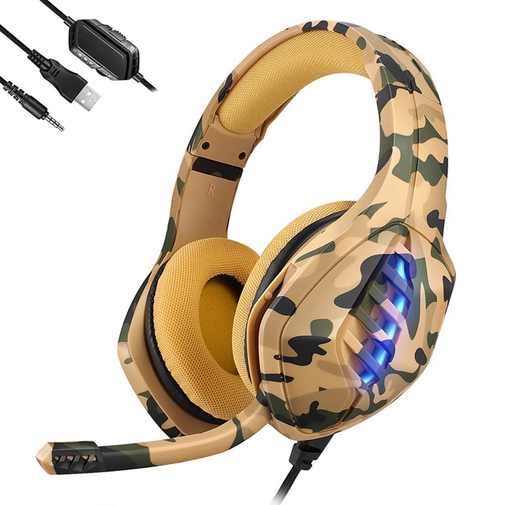 J1 Gaming Headset with Microphone LED Light Camouflage Wired PC Gaming Headphones Adjustable Headband for Computer