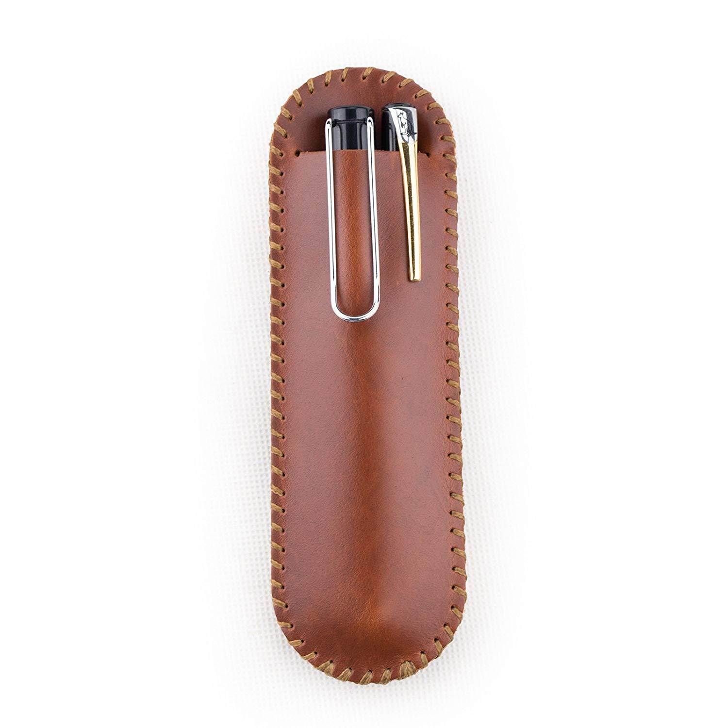 Ancicraft Genuine Leather Pen Sleeve Case Holder Pouch Handmade (For Single or Double Pens, Red Brown)