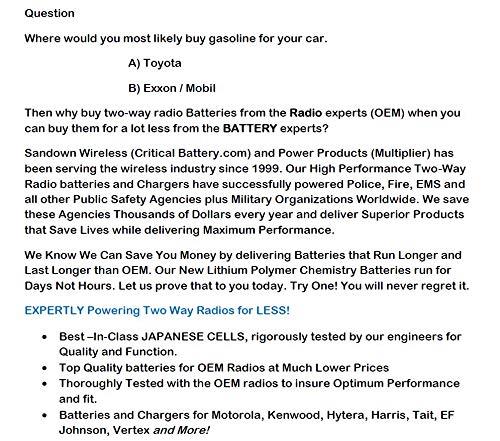 NiCD M/A-COM, GE, Ericsson Portable Radio Replacement Battery fits: M-RK / M-RK II / Comnet, 7.5 VOLTS, 1800 mAh NiCD (Long), Replaces 344A3278P1, can also replace 19A149838P1