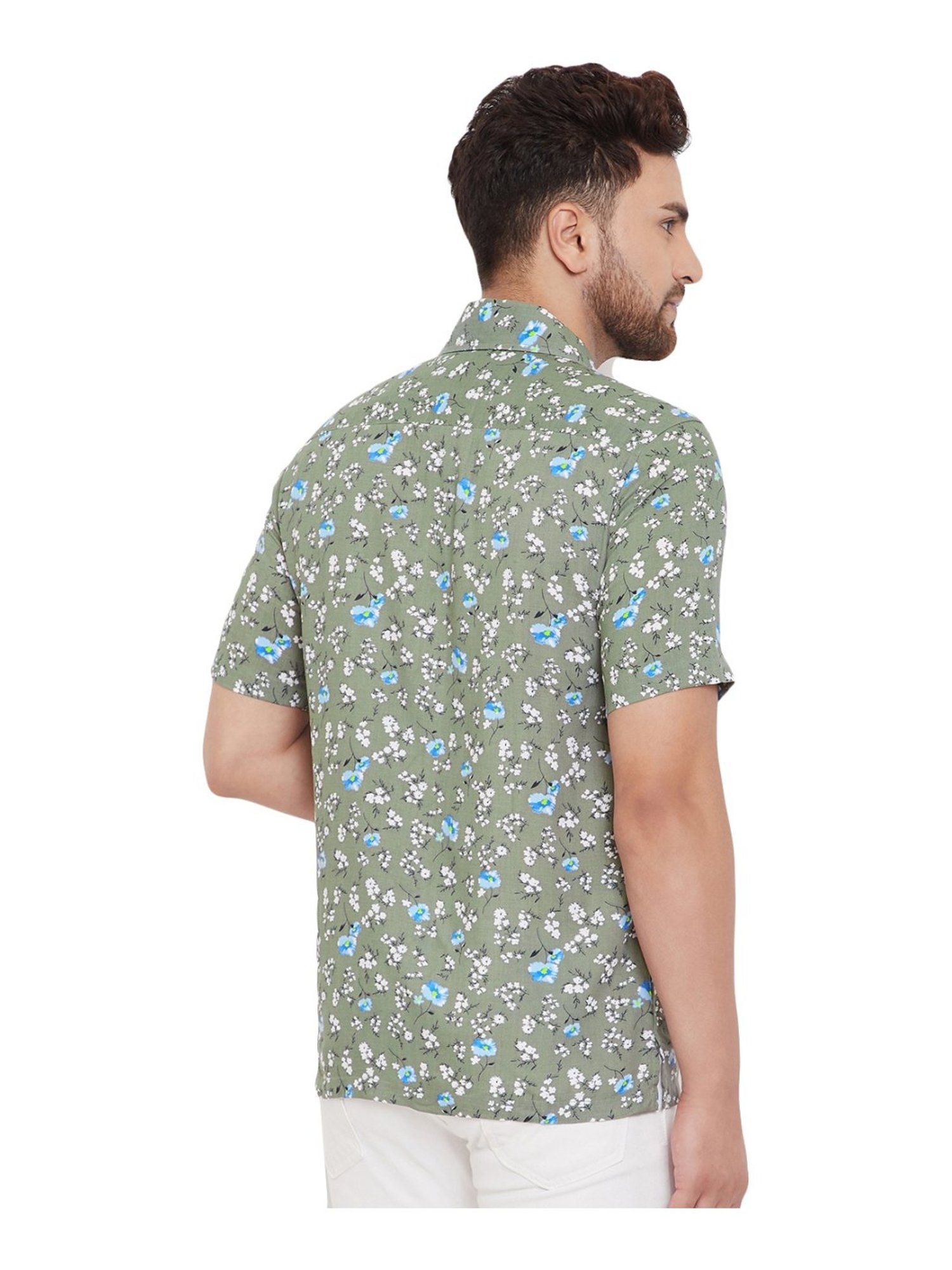 Even Olive Green Slim Fit Printed Shirt