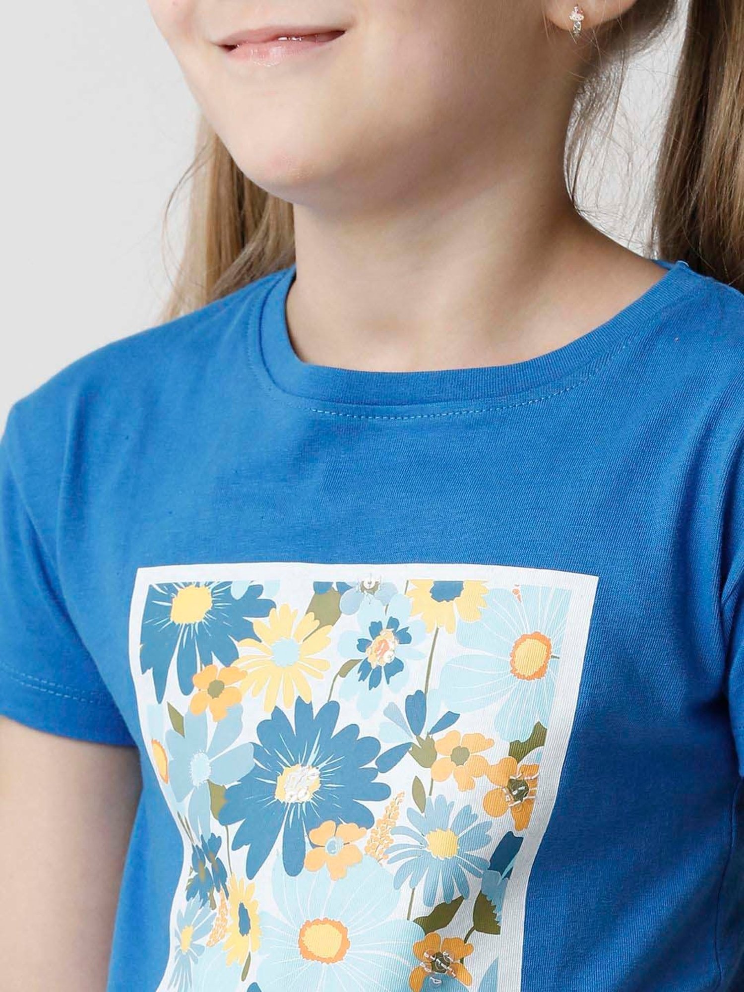 Kate & Oscar Kids Blue Cotton Floral Print T-Shirt