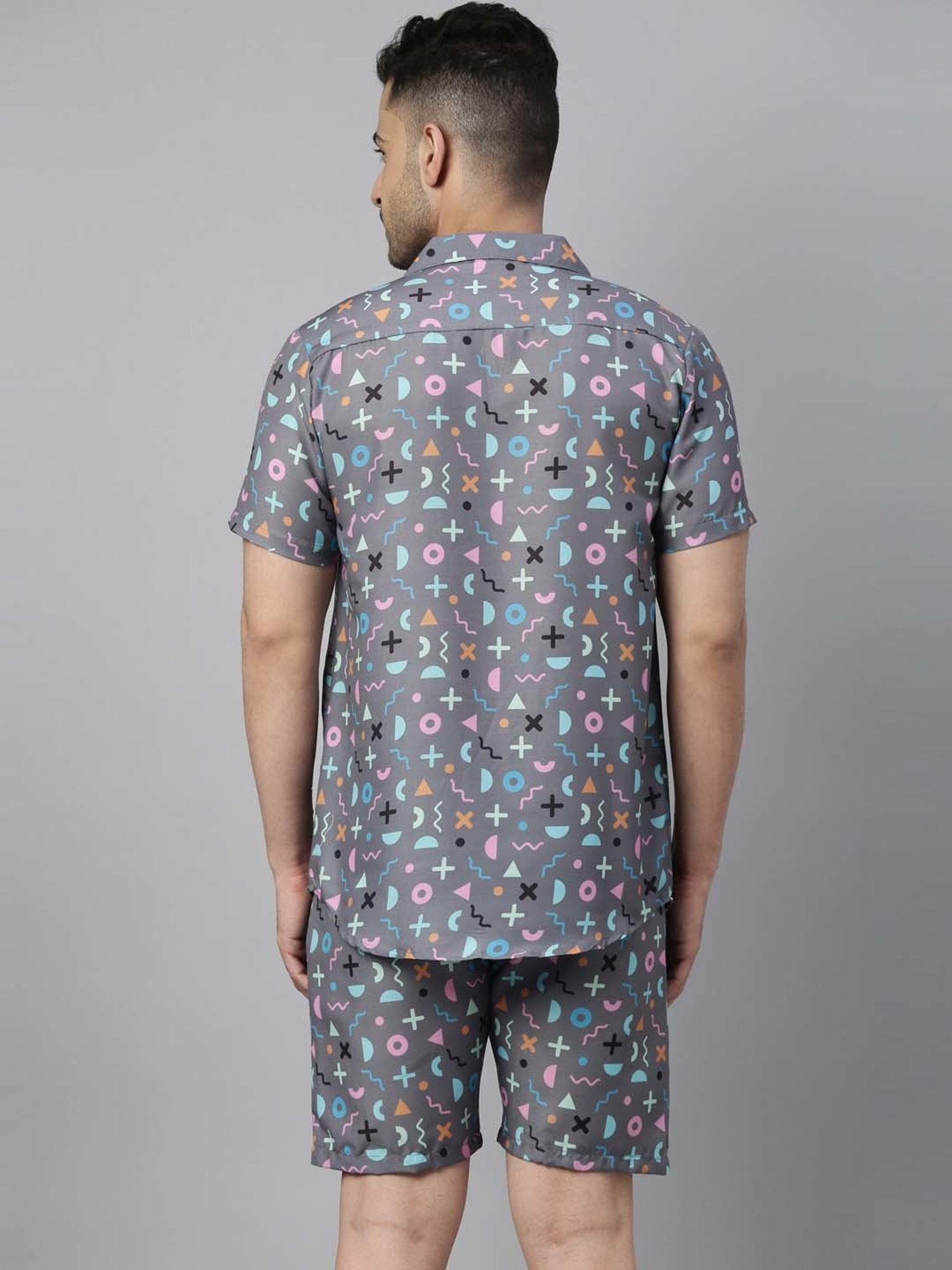 Bushirt Light Grey Regular Fit Printed Shirt & Shorts Set
