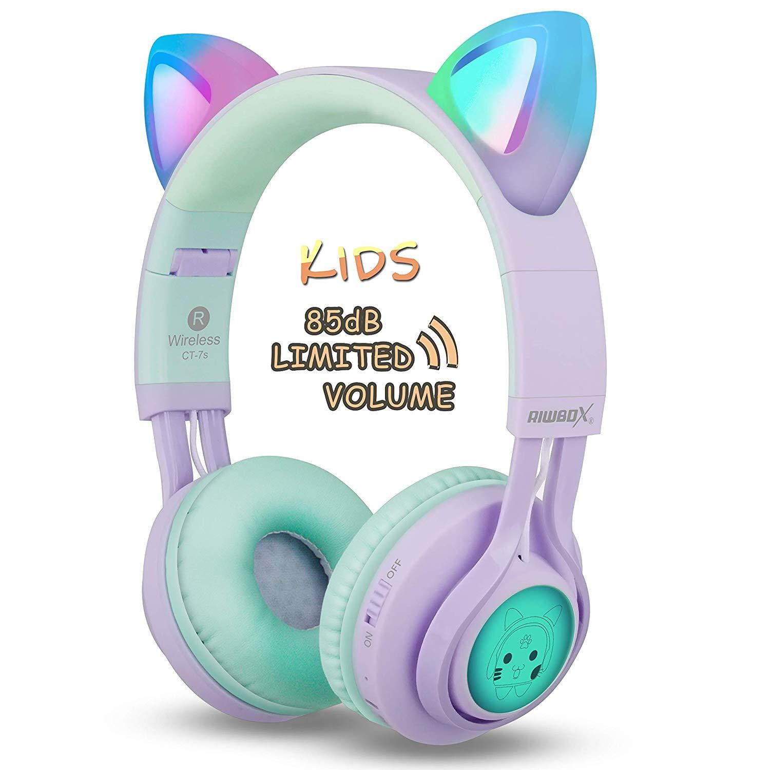 Kids Headphones, Riwbox CT-7S Cat Ear Bluetooth Headphones 85dB Volume Limiting,LED Light Up Kids Wireless Headphones Over Ear with Microphone for iPhone/iPad/Kindle/Laptop/PC/TV (Purple&Green)