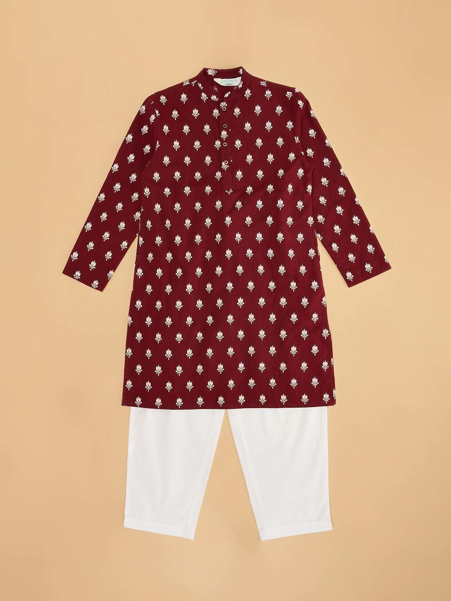 Indus Route by Pantaloons Kids Maroon & White Cotton Floral Print Full Sleeves Kurta Set